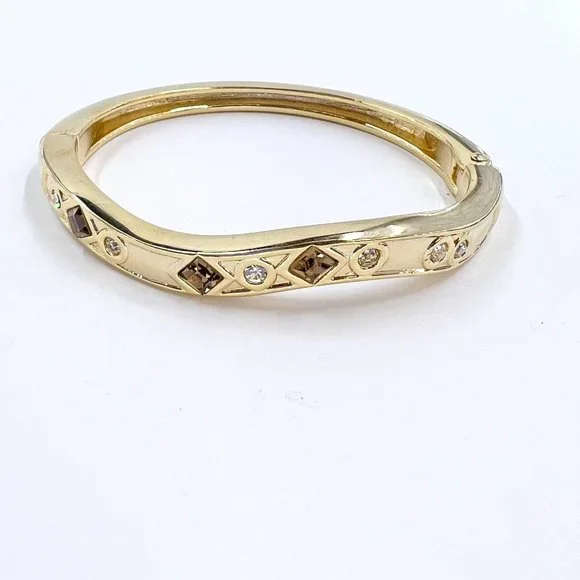 Brown & Clear Gemstone Gold Tone Hinged Cuff Magnetic Closure Bracelet - Picture 2 of 6